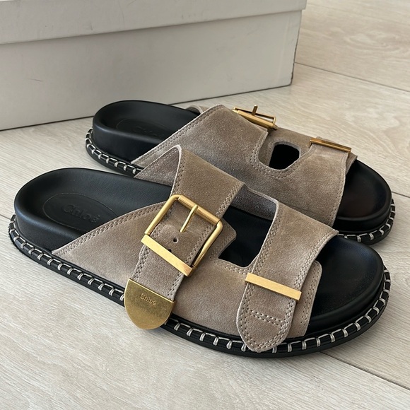 Chloe Rebecca Suede Dual-Buckle Slide Sandals - Picture 2 of 11